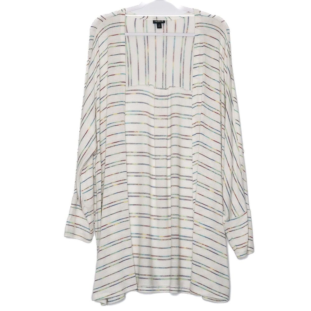 Torrid White Open Front Cardigan Size 2X Multicolor Striped Rainbow‎ Long Sleeve